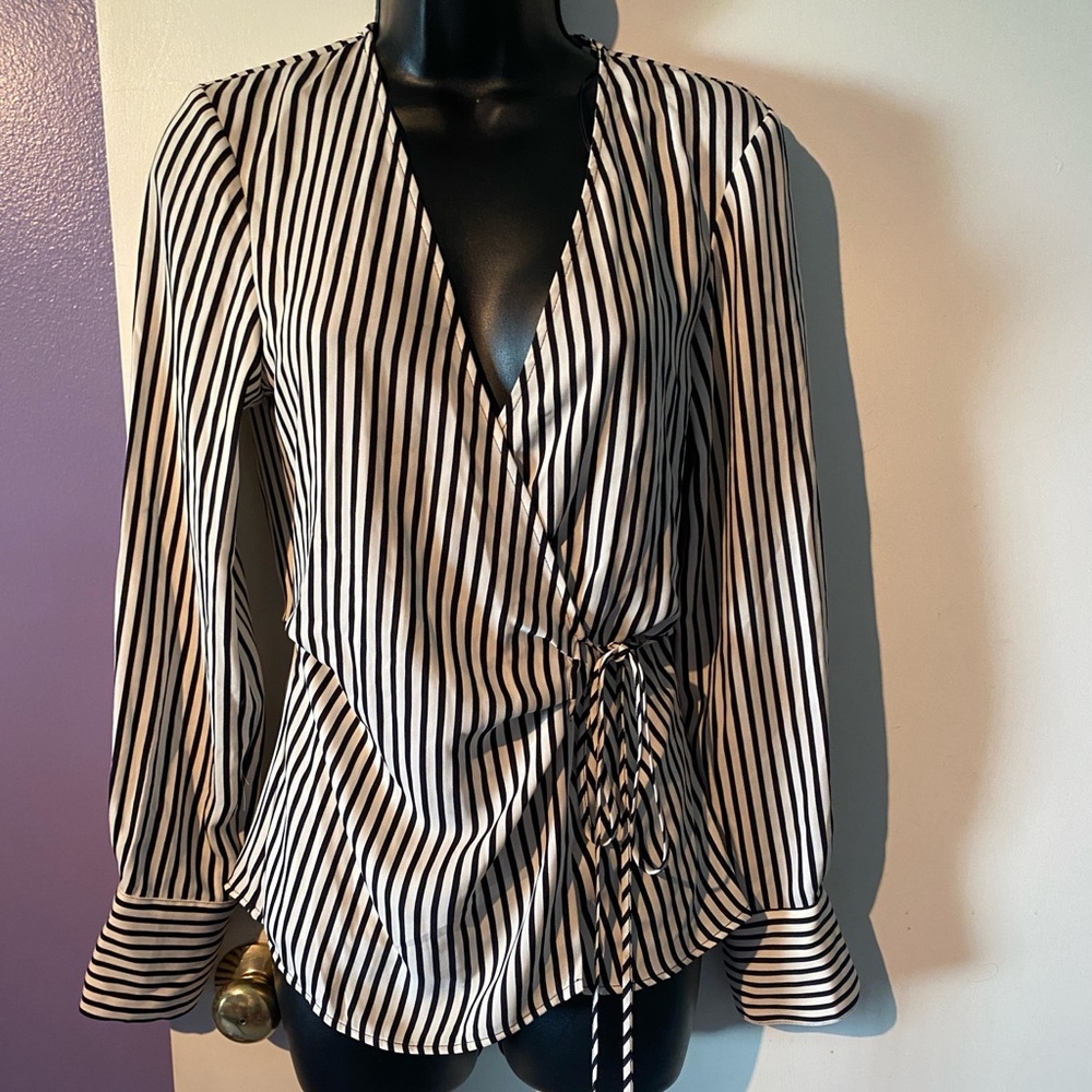 NWT H&M Black and White Striped Wrap Blouse Size XS
